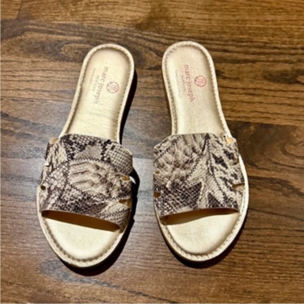 Marc Joseph Taupe Snake-Print Slide Sandals